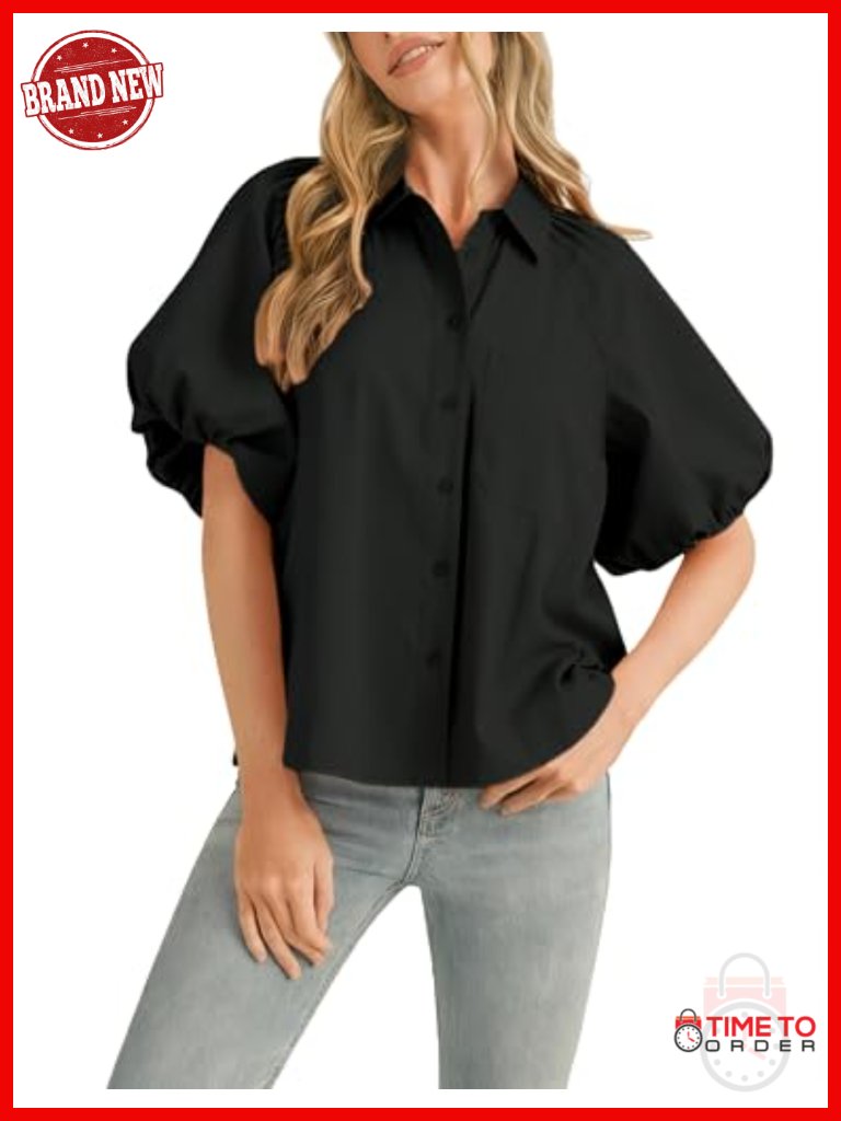 Women's Striped Button Down Shirt Puff Sleeve V Neck Cotton Blouse Top